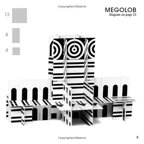 A black and white geometric model labeled MEGOLOB, resembling a stylized building or tower structure, shown on a plain white page with size markers 13, 8, and 4 and copyright text.