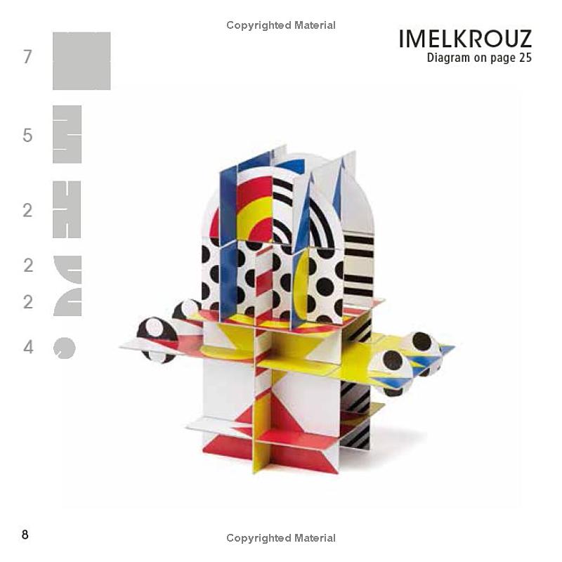 A colorful geometric model resembling a chair, built from patterned cards, shown on a white page with the text 'IMELKROUZ Diagram on page 25' and numbered card cutout guides on the left.