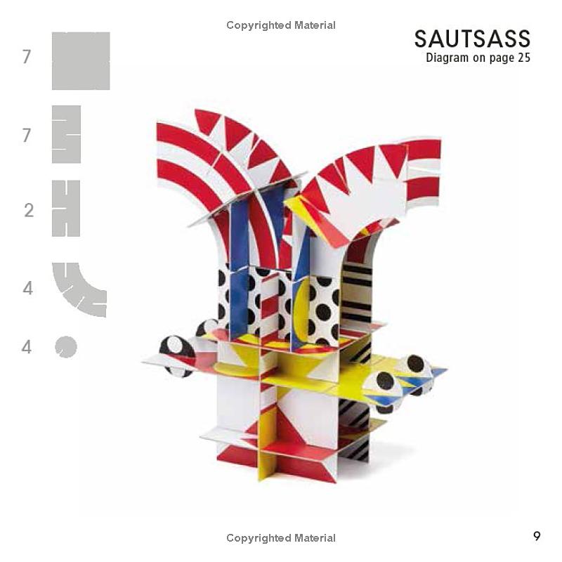 A colorful paper architectural model inspired by Le Corbusier's Sautass design, displayed on a clean white background with page number and copyright text.