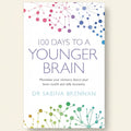 Book cover of '100 Days to a Younger Brain' by Dr. Sabina Brennan with brain cell graphics on a white background.