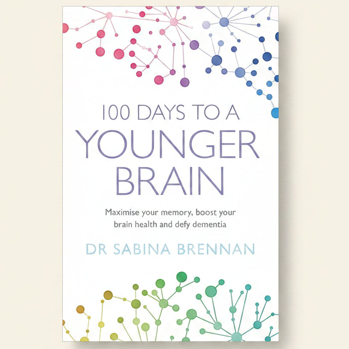 Book cover of '100 Days to a Younger Brain' by Dr. Sabina Brennan with brain cell graphics on a white background.