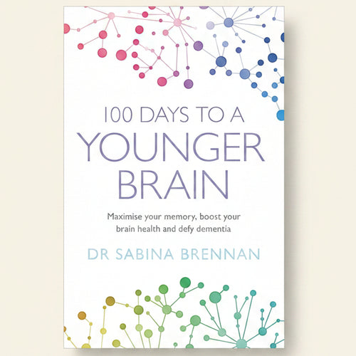 Book cover of '100 Days to a Younger Brain' by Dr. Sabina Brennan with brain cell graphics on a white background.