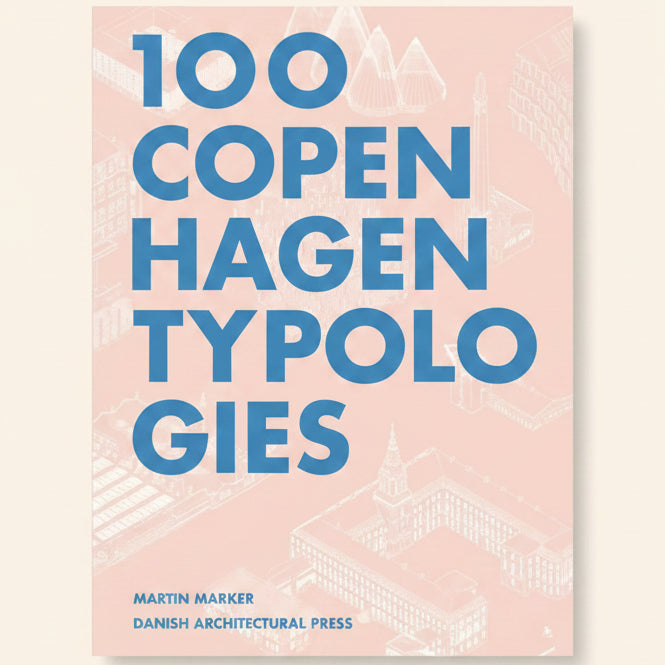 Book cover of '100 Copenhagen Typologies' with blue text on a light pink background