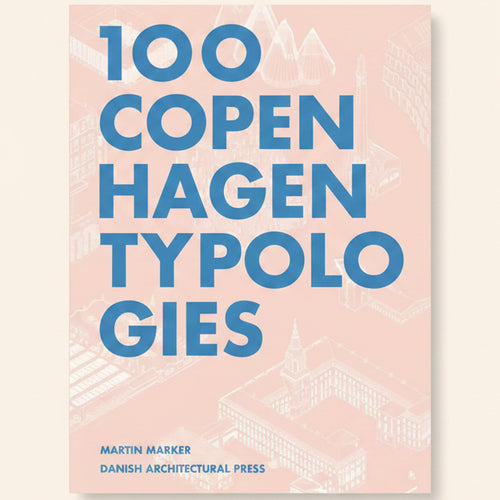 Book cover of '100 Copenhagen Typologies' with blue text on a light pink background
