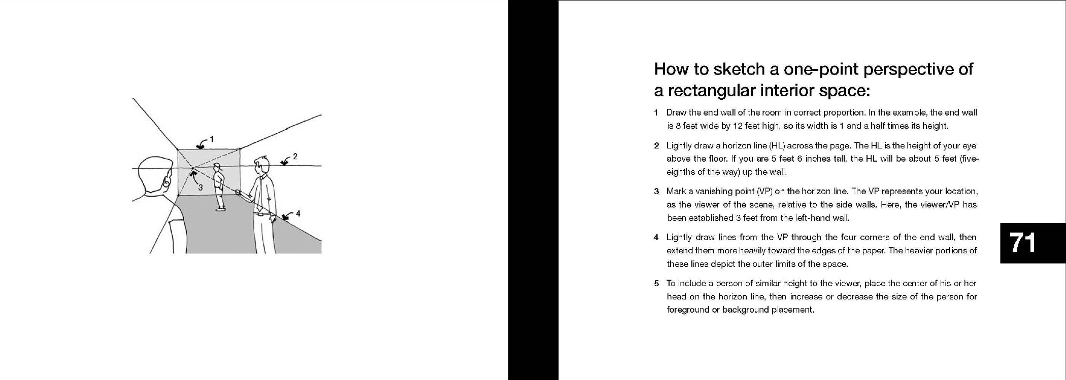 A printed page with a black vertical band on the left and instructional text on the right titled 'How to sketch a one-point perspective of a rectangular interior space.' The page includes numbered steps and a simple line drawing of a room corner with walls, floor, and perspective lines.