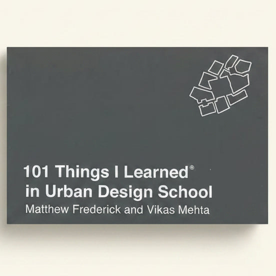 Book cover of '101 Things I Learned in Urban Design School' with text and a logo on a dark background