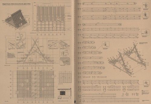 An open vintage book or manual showing detailed technical architectural drawings and measurement schematics on aged beige paper.