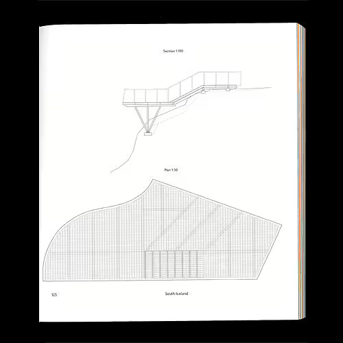 An open book or booklet page showing architectural line drawings, including a section view and a plan labeled South Butland, photographed against a black background.