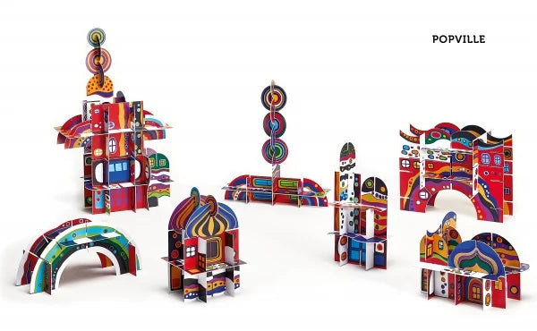 Colorful paper model buildings set on a white background with 'POPVILLE' branding.