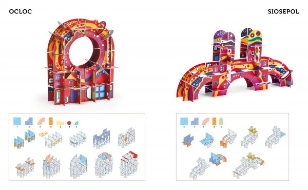 Colorful architectural model kit with building blocks and design layout on a white background
