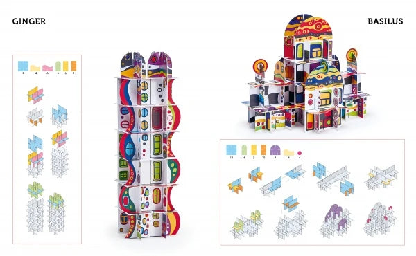 Colorful building block sets with assembly instructions on a white background