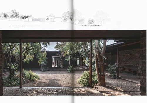 A split-page architectural photograph showing a courtyard garden with trees, a covered walkway, and a building in the background, presented like an interior design or architecture publication spread.