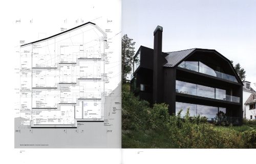 An open book or catalog spread showing an architectural floor plan diagram on the left and a modern dark house exterior on the right.