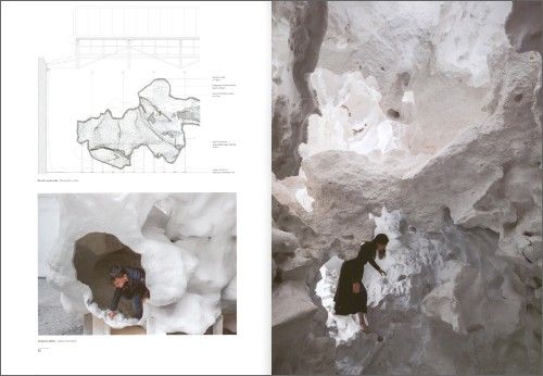 An open book or magazine spread showing architectural photography and a line drawing. The right page features a large photo of a person inside a white rock cave, and the left page includes a small sketch diagram and another interior photo.
