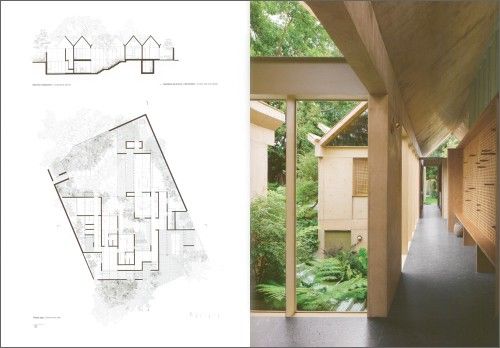 A split image showing architectural floor plans on the left and a modern wooden corridor with a garden view on the right.