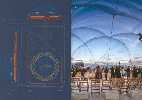 A split image showing architectural blueprints on the left and an event inside a large transparent geodesic dome on the right, with many people seated and standing under the blue-tinted dome.