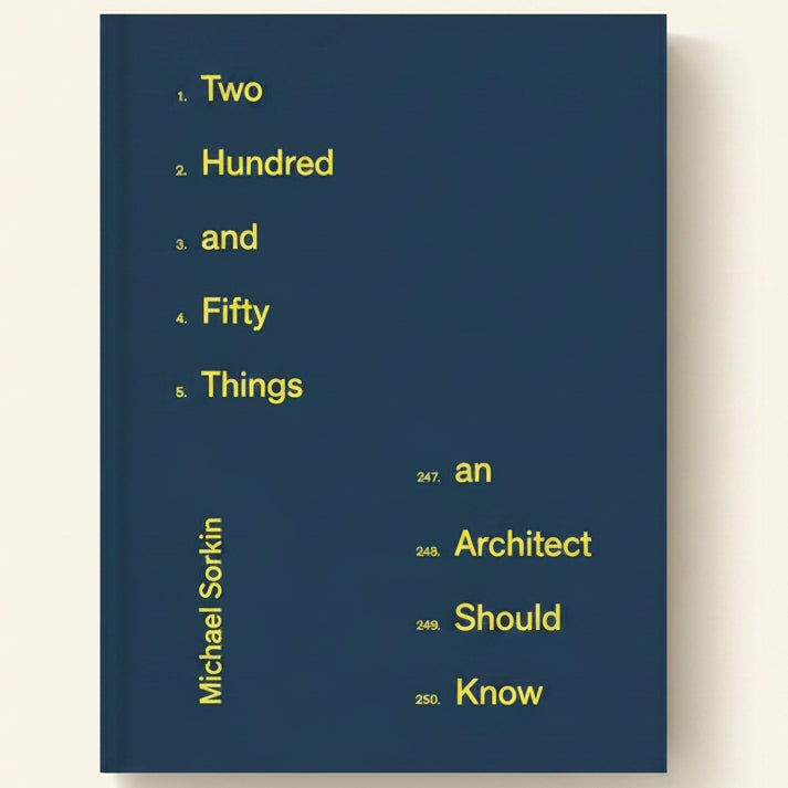 Book cover of 'Two Hundred and Fifty Things an Architect Should Know' by Michael Sorkin with yellow text on a blue background