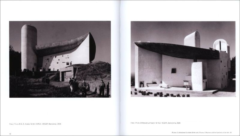 A two-page spread of a black-and-white architectural book or magazine showing two photographs of a modernist building with a curved roof and cylindrical tower, plus small caption text below each image.