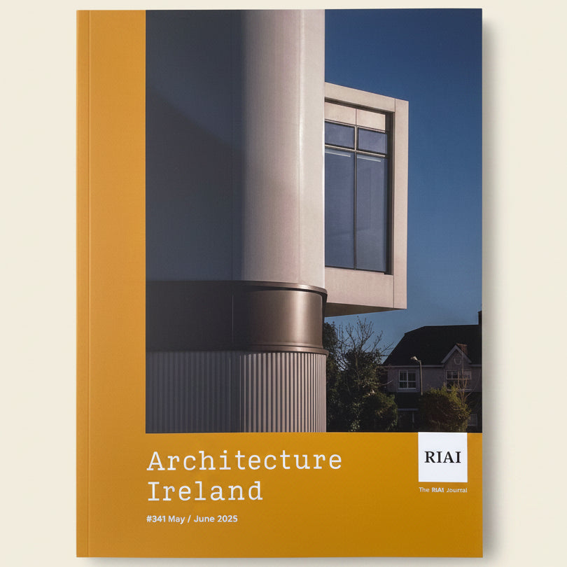 Architecture Ireland magazine, May/June 2025 issue, featuring a modern architectural photograph on the cover with a prominent mustard yellow spine and bottom border.