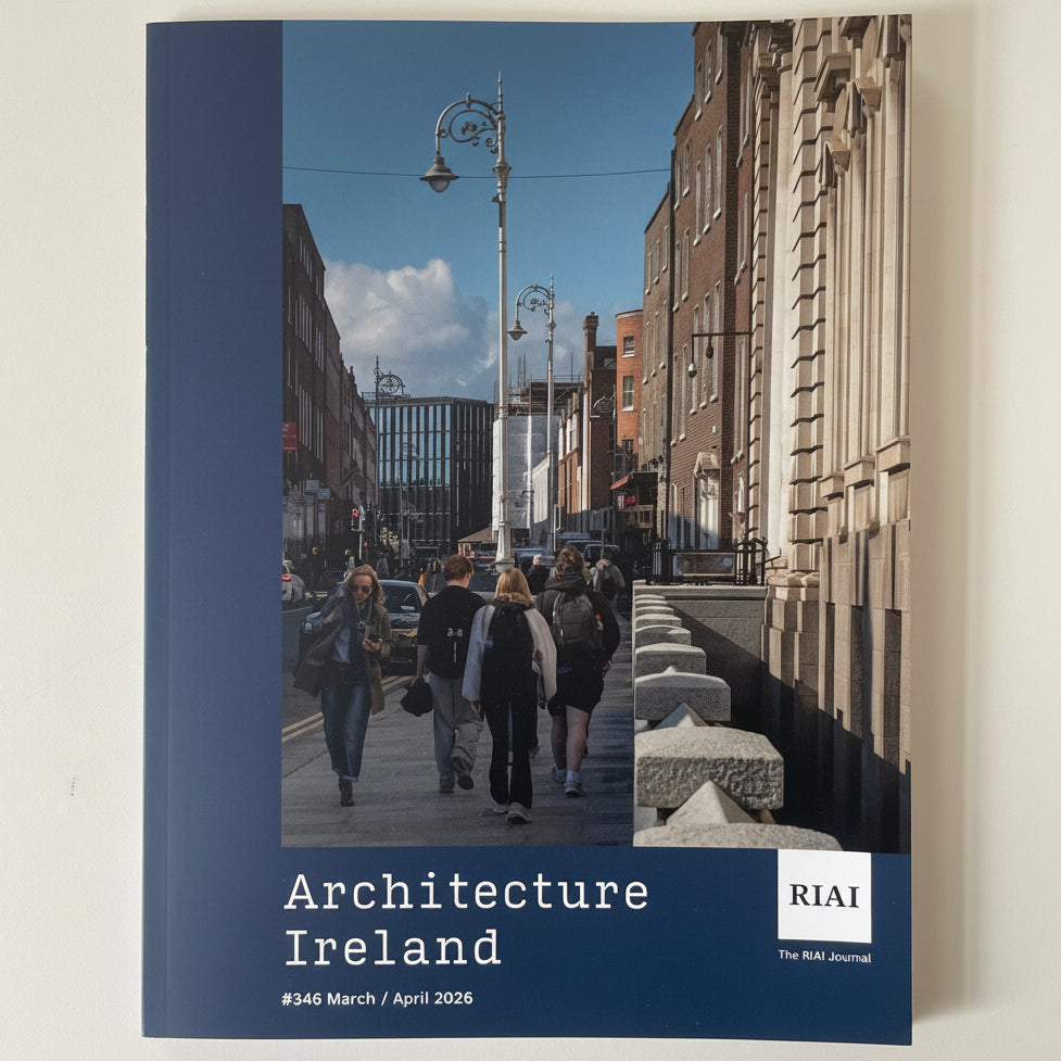 A physical publication titled 'Architecture Ireland' from RIA, featuring a navy blue cover with a photograph of a street scene in Ireland and issue details at the bottom.