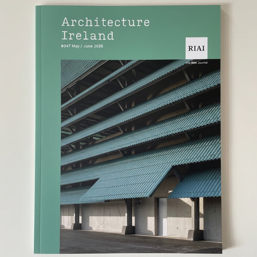 A magazine or book cover titled "Architecture Ireland" with a teal-green header and a large architectural photograph of layered blue-gray awnings over a concrete structure. The RIAI logo appears in the top right, and the cover is photographed against a plain light background.
