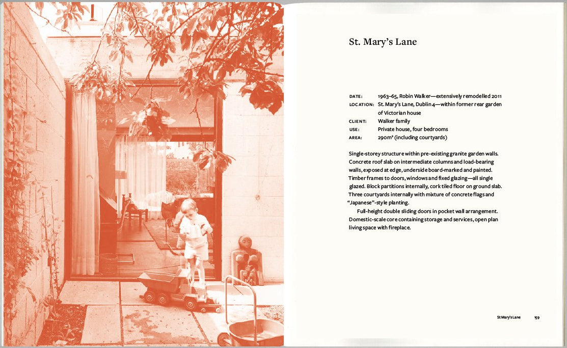 An open printed booklet or book spread laid flat on a light gray background. The left page shows a sepia-toned photograph of a courtyard scene with people, and the right page contains the title 'St.