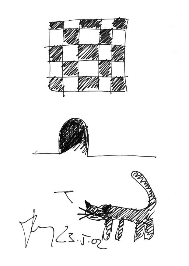 Black and white line drawing of a cat, person, and checkered pattern.