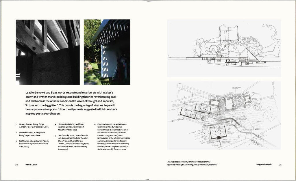 An open architectural design book spread displayed against a neutral gray background. The left page contains a black-and-white photograph, a color photo, blocks of text, and a bulleted list.