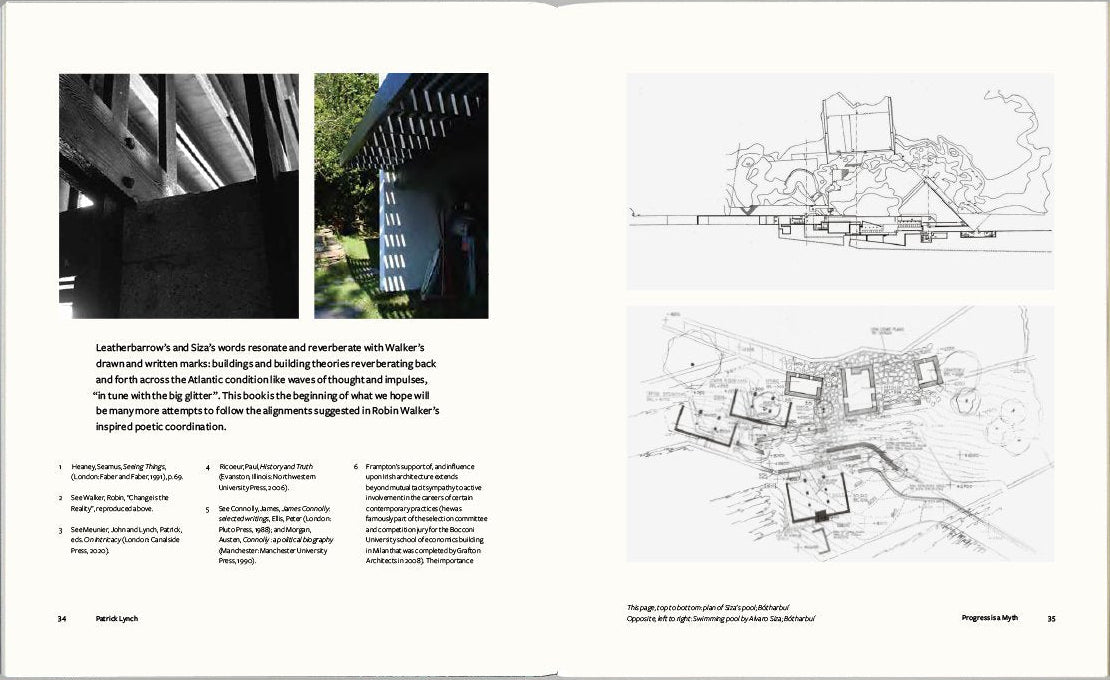 An open architectural design book spread displayed against a neutral gray background. The left page contains a black-and-white photograph, a color photo, blocks of text, and a bulleted list.
