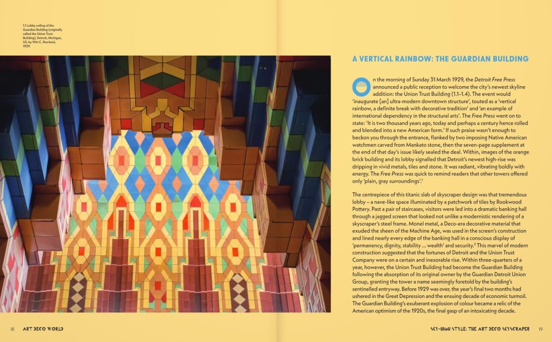 A printed magazine or book interior spread with a large architectural photograph of a patterned glass building on the left and a text article headed 'A VERTICAL RAINBOW: THE GUARDIAN BUILDING' on the right, set against a warm beige background.