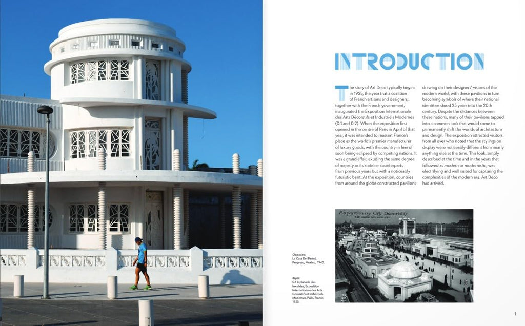 A two-page spread from a book or magazine featuring a large photograph of a white cylindrical building with a person walking in front, alongside printed text headed 'INTRODUCTION' and a smaller architectural photo on the right page.