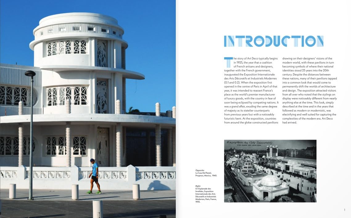A two-page spread from a book or magazine featuring a large photograph of a white cylindrical building with a person walking in front, alongside printed text headed 'INTRODUCTION' and a smaller architectural photo on the right page.