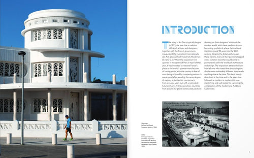 A two-page spread from a book or magazine featuring a large photograph of a white cylindrical building with a person walking in front, alongside printed text headed 'INTRODUCTION' and a smaller architectural photo on the right page.