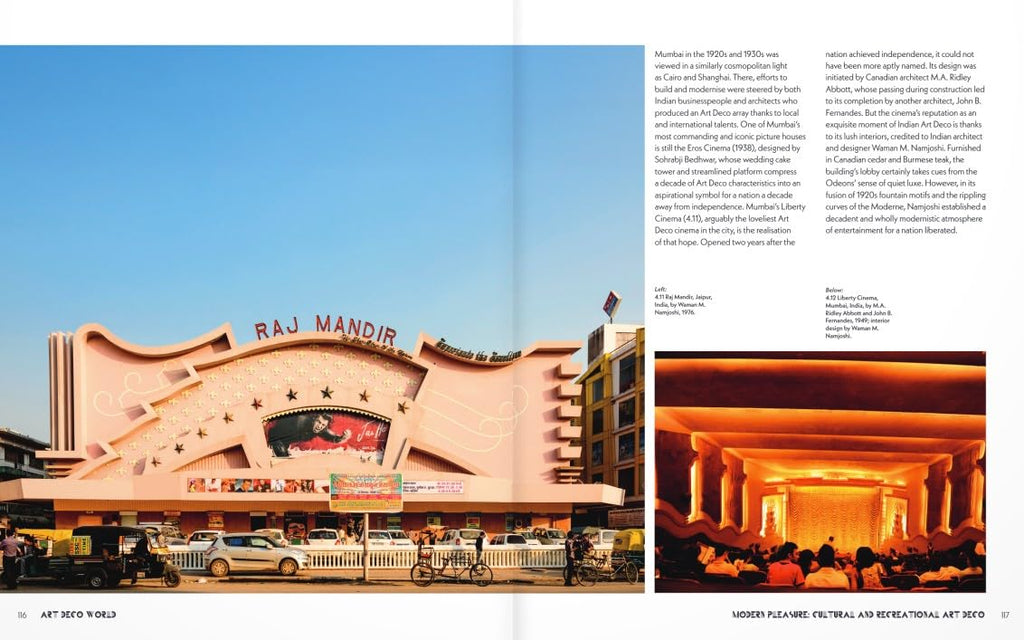 A double-page spread from an Art & Design magazine featuring Raj Mandir in Jaipur, India. The left page contains a large photograph of the pinkish-beige temple facade under a blue sky, with surrounding text and a small inset photo at the bottom right.