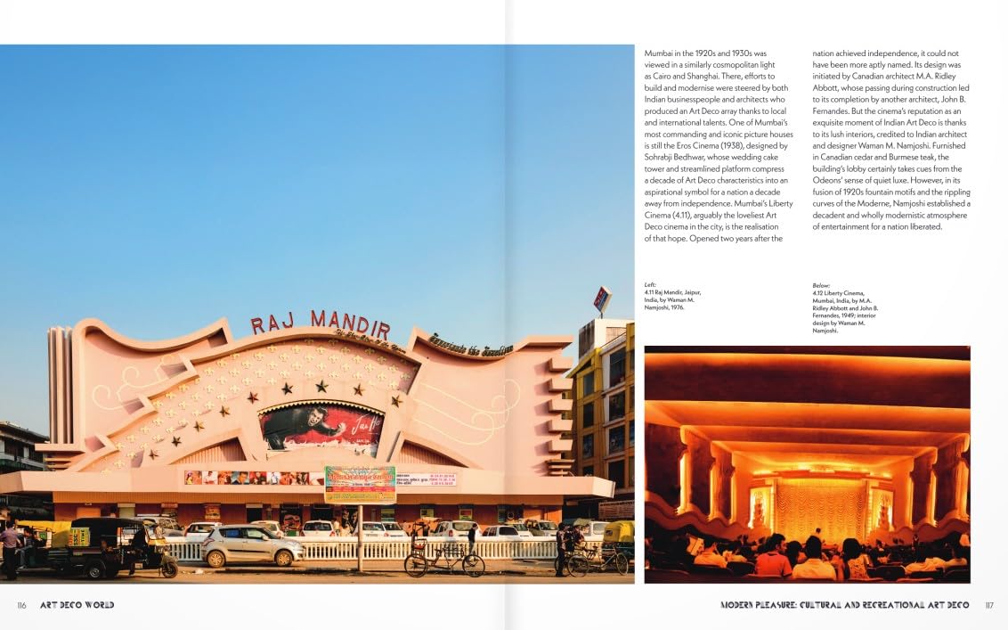 A double-page spread from an Art & Design magazine featuring Raj Mandir in Jaipur, India. The left page contains a large photograph of the pinkish-beige temple facade under a blue sky, with surrounding text and a small inset photo at the bottom right.