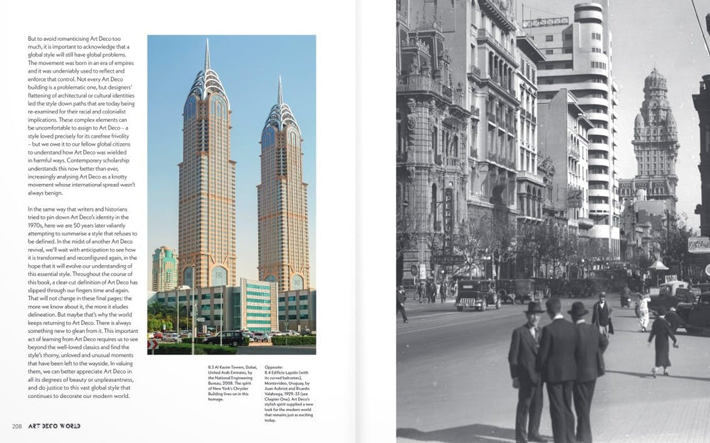 A two-page spread from an art magazine or book, featuring an article about Art Deco architecture. The left page has black text on a white background with a color photo of two Art Deco towers.