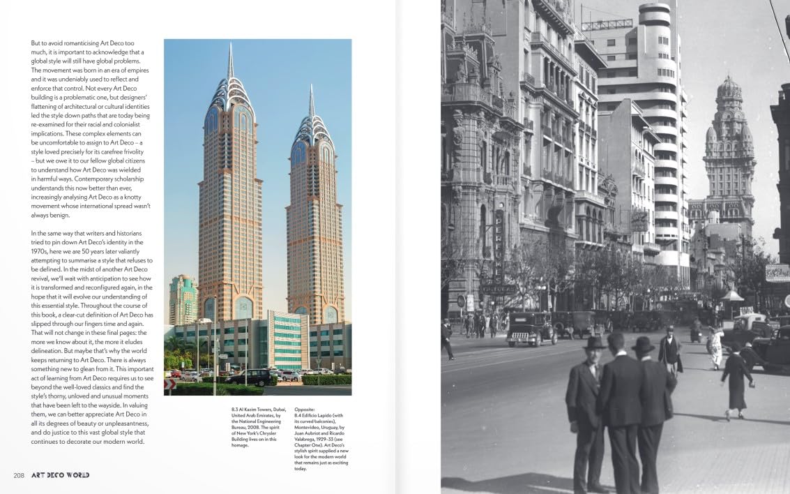 A two-page spread from an art magazine or book, featuring an article about Art Deco architecture. The left page has black text on a white background with a color photo of two Art Deco towers.