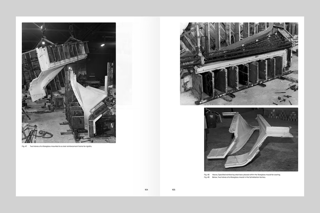 A two-page spread showing black-and-white photographs of a large molded automotive body panel being produced in a workshop. The left page contains a large photo with a caption, and the right page contains two smaller photos, including one of the finished panel and one of the mold setup.