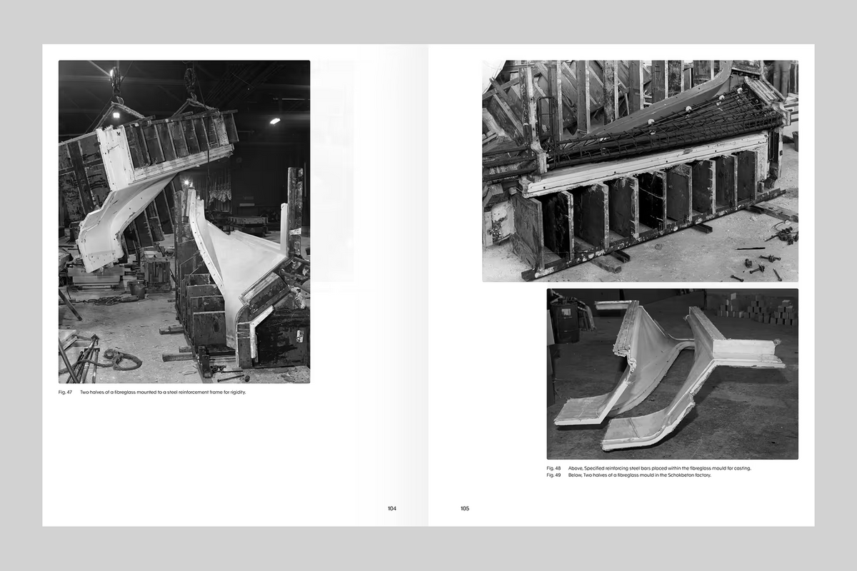 A two-page spread showing black-and-white photographs of a large molded automotive body panel being produced in a workshop. The left page contains a large photo with a caption, and the right page contains two smaller photos, including one of the finished panel and one of the mold setup.