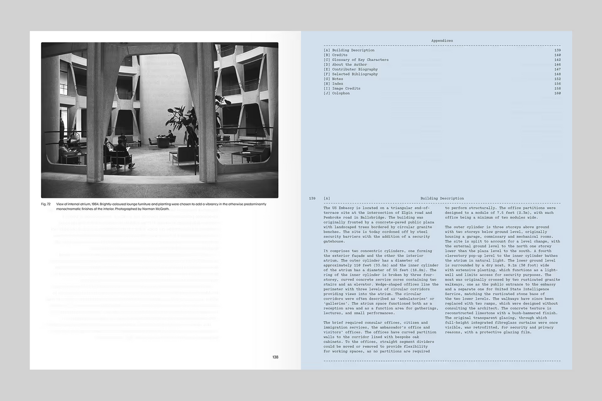 An open book spread showing a black-and-white architectural photograph on the left page and a light blue text page with a table of contents and body text on the right.