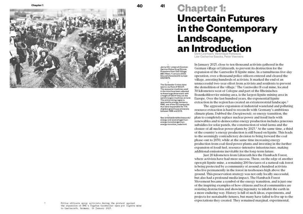 A scanned book or magazine page showing a black-and-white historical photograph on the left, large title text reading 'Chapter 1: Uncertain Futures in the Contemporary Landscape, an Introduction' at the top right, and multiple paragraphs of body text below.