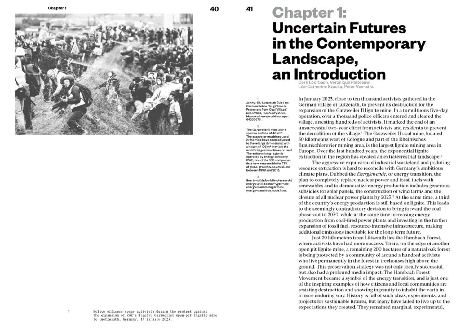 A scanned book or magazine page showing a black-and-white historical photograph on the left, large title text reading 'Chapter 1: Uncertain Futures in the Contemporary Landscape, an Introduction' at the top right, and multiple paragraphs of body text below.