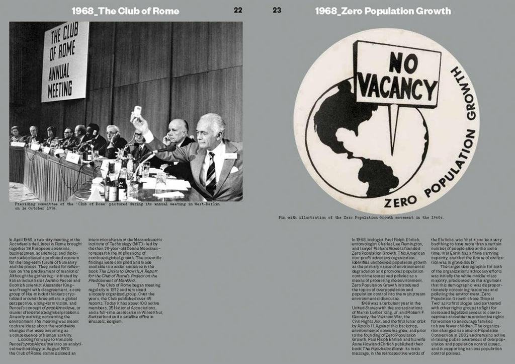 A printed page spread with two black-and-white historical photos and columns of text. The left photo shows a meeting scene with a sign reading 'The Club of Rome Annual Meeting.