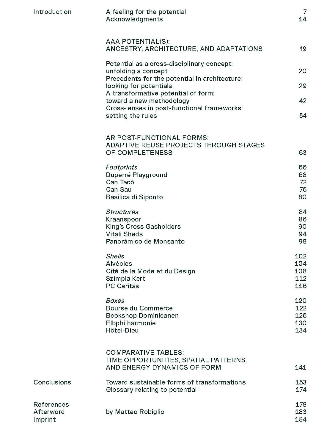 A black-and-white printed page showing a table of contents with section headings such as Introduction, AAA POTENTIALITY: ANCESTRY, ARCHITECTURE, AND ADAPTATIONS, and numbered page references.