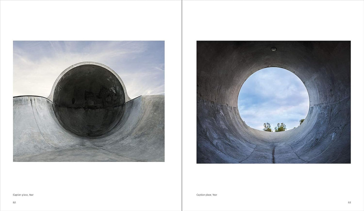 A two-page spread showing architectural photography prints. The left page features a photo of a concrete bowl ramp with a circular opening under a cloudy sky.