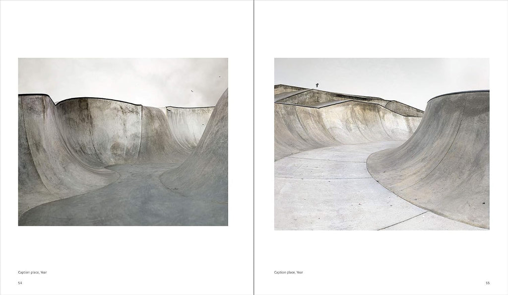 A two-page spread showing architectural skatepark photographs with curved concrete bowls and ramps under a pale sky. Small caption text appears below each photo on a white page layout.