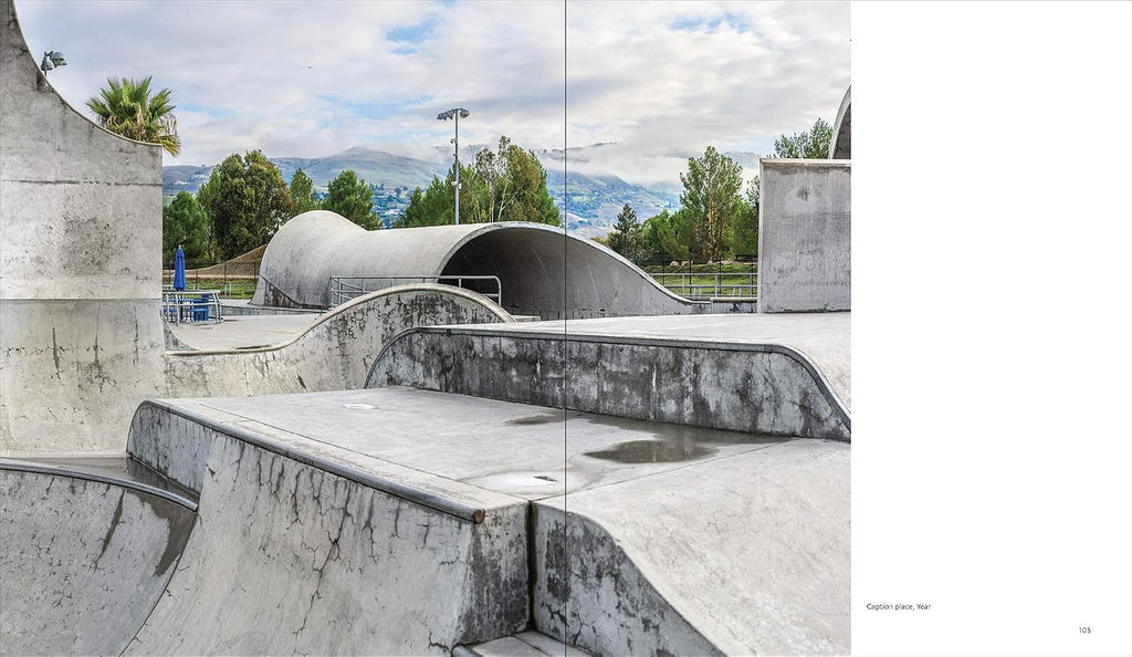 A wide-angle photograph of a concrete skatepark with curved ramps and a tunnel-like bowl, set against a backdrop of trees, distant mountains, and a cloudy sky. The photo is presented as a double-page spread with a white margin on the right side.