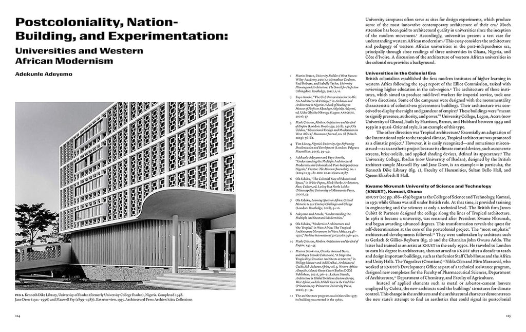 Page from a book or magazine featuring an article on postcoloniality, nation-building, and experimentation with a black and white photo of a modern building.