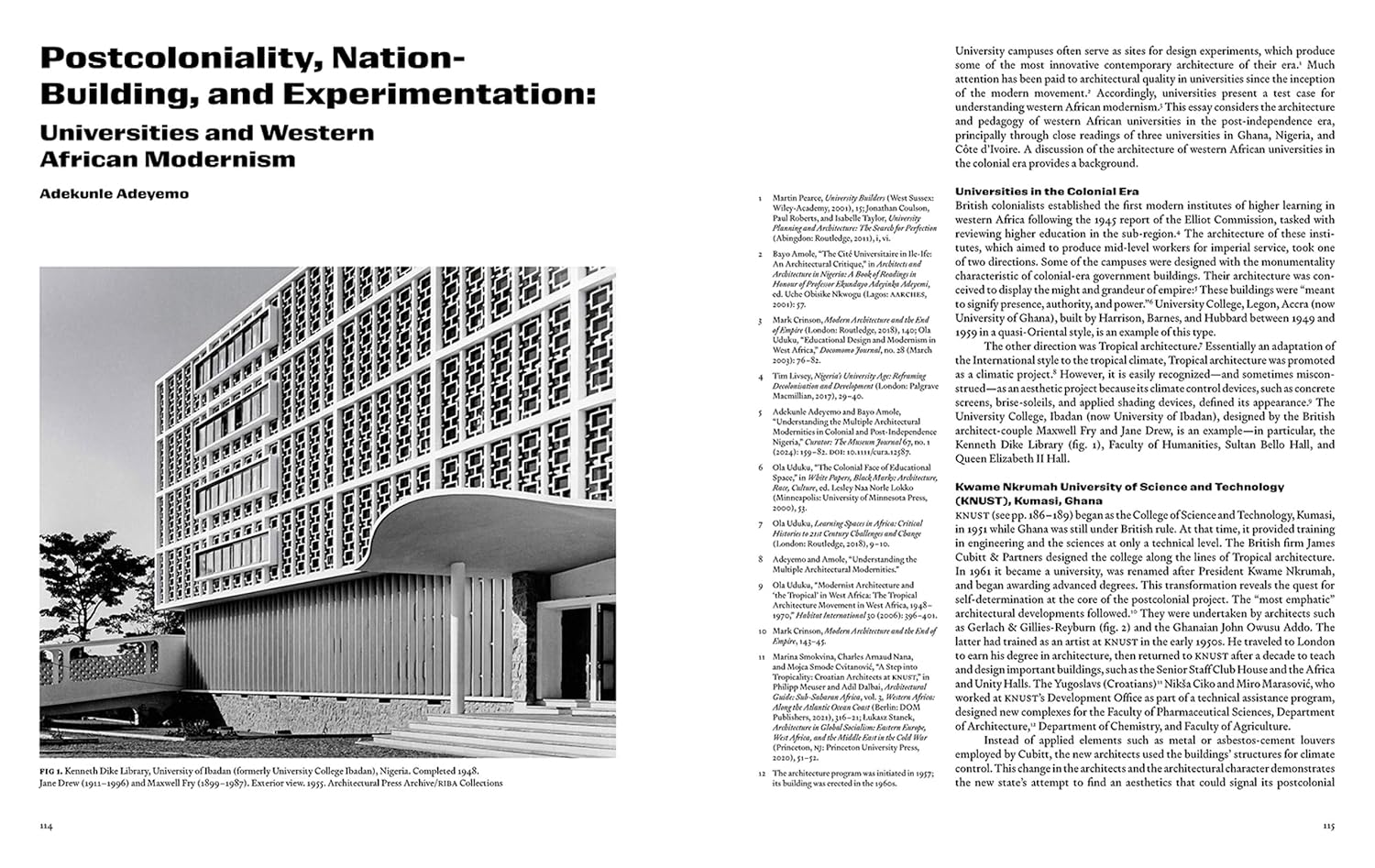 Page from a book or magazine featuring an article on postcoloniality, nation-building, and experimentation with a black and white photo of a modern building.