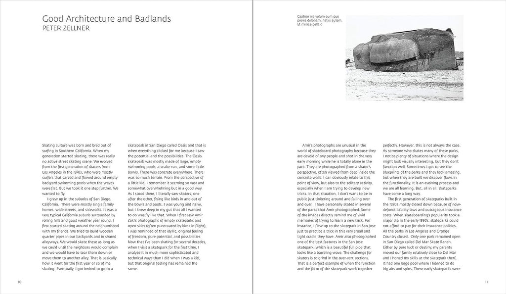 A two-page spread from a book or magazine featuring an article about Peter Gelier and his work with badlands architecture. The left page contains multiple columns of black text on a white background, and the right page shows a black-and-white photograph of a large rock formation with additional text above it.